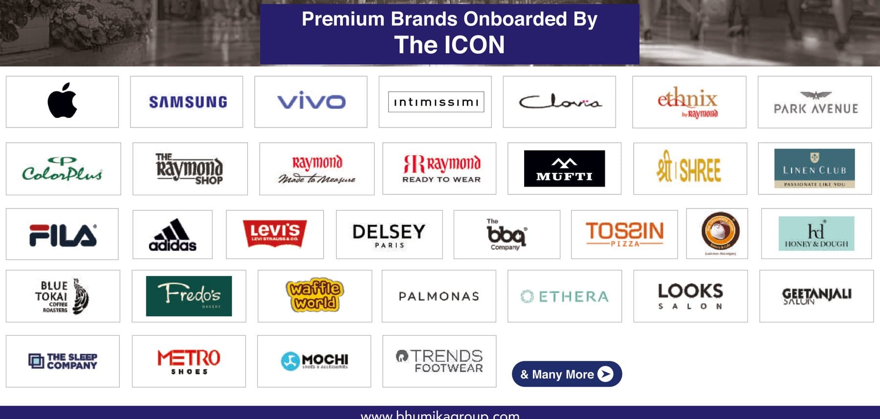 Premium brands onboarded by The Icon — Apple, Samsung, Vivo, Adidas, Levi's, Park Avenue, Raymond, Mufti, Linen Club, FILA, Delsey, The BBQ Company, Tossin Pizza, Honey & Dough, Blue Tokai, LOOKS Salon, Gitanjali Salon, Metro Shoes, Mochi, Trends Footwear and many more